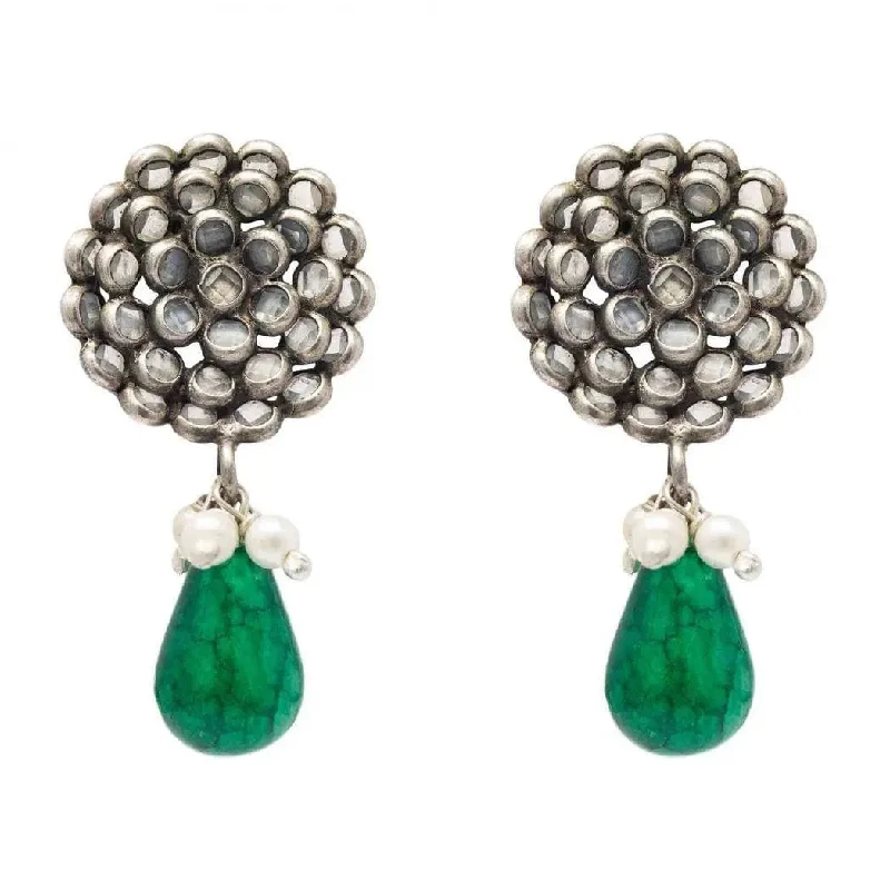 Long Silver Earrings-Silver Polki Green Drops