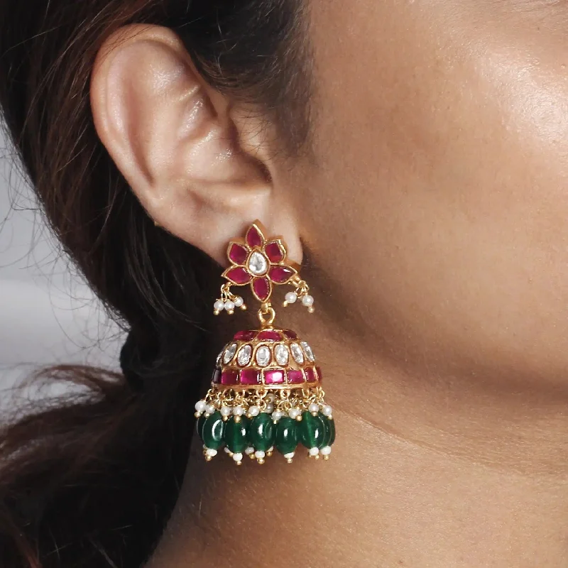 Handmade Gemstone Earrings-Silver Kundan Jhumka