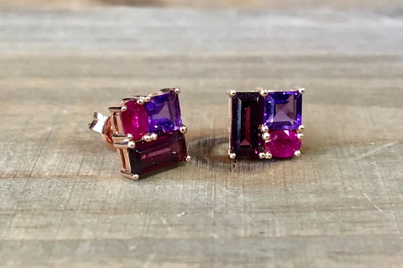 Rose Gold Earrings for Girls-Amethyst, Ruby, Tourmaline Cluster Stud