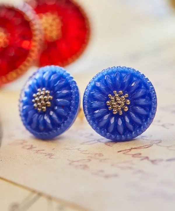 Chunky Gold Earrings-Czech Glass Button Stud Earrings