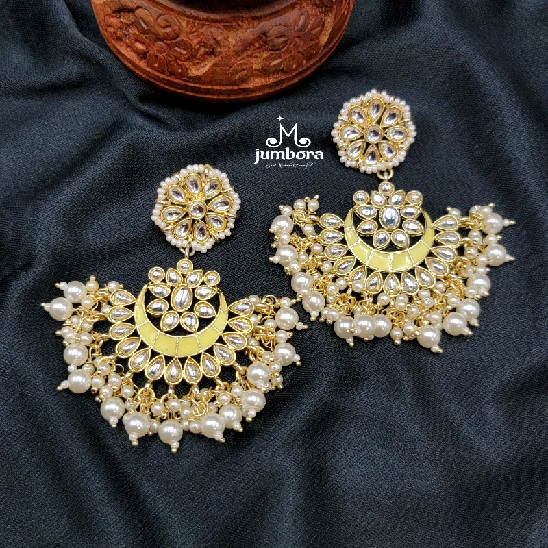 Modern Style Earrings-Yellow Handpainted Kundan Meenakari Pearl Earrings