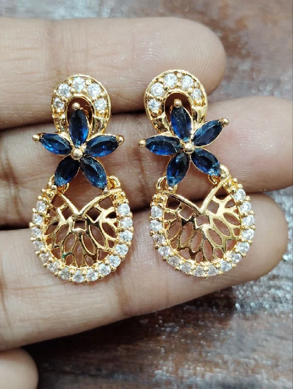 Large Bead Earrings-Dazzling Gold Plated Blue Color Stone Worked Earrings