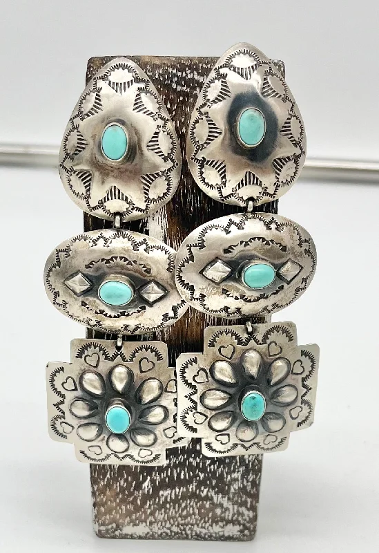 Light Blue Earrings-Earring- 3 concho drop Navajo, Silver, Turquoise