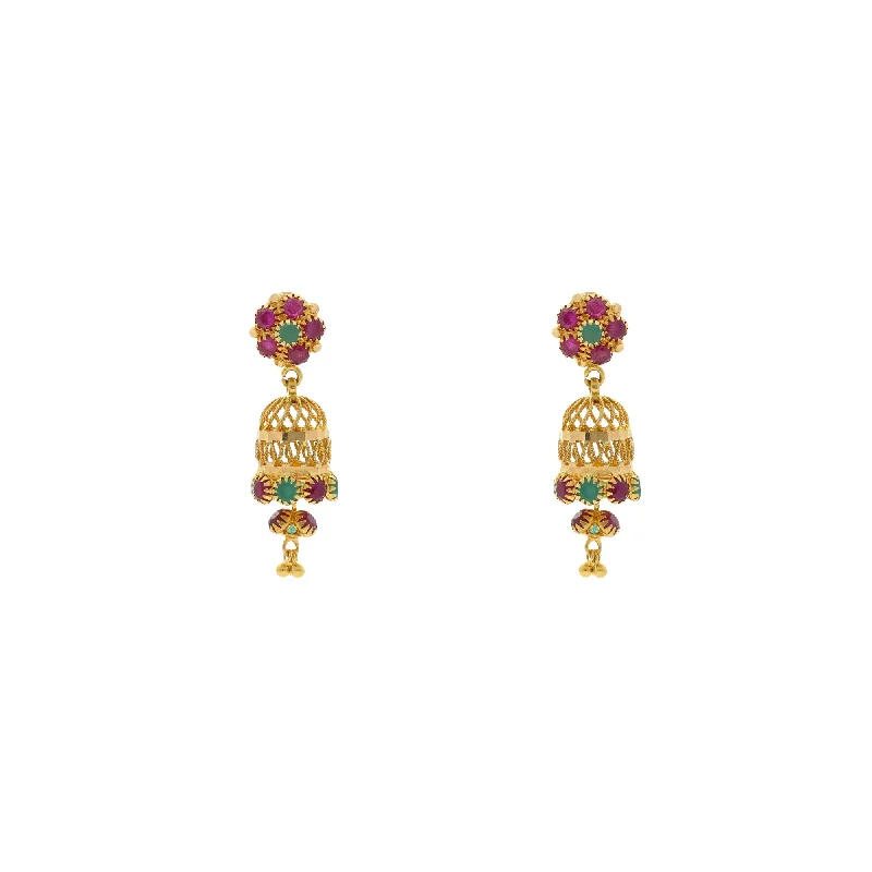 Boho Style Earrings-22K Yellow Gold Exotic Jhumka Drop Earrings W/ Emeralds & Rubies, 5.6 grams