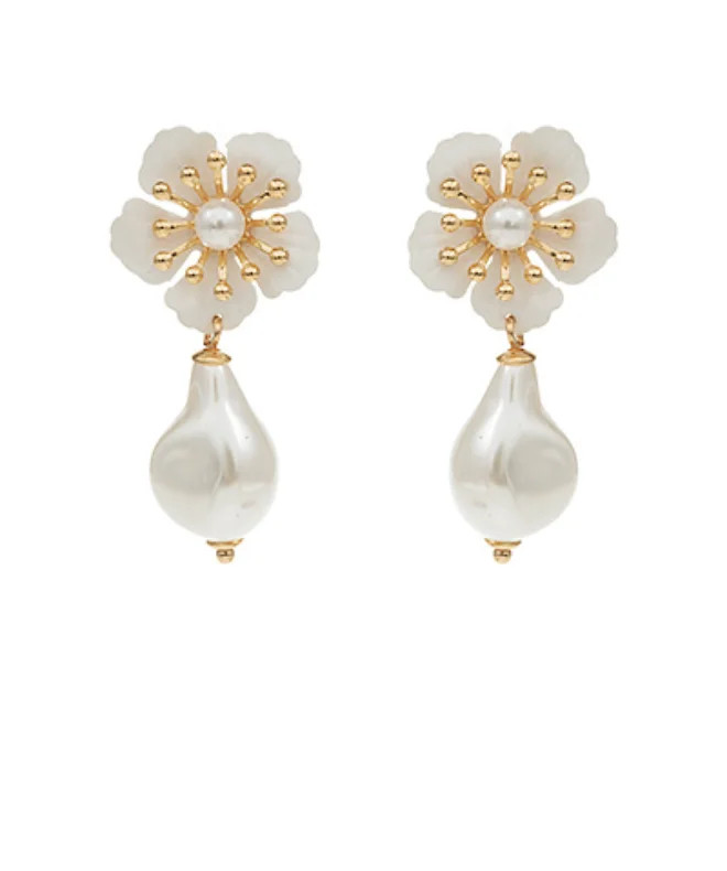 Bridal Gold Earrings-Flower and Pearl Drop Earrings