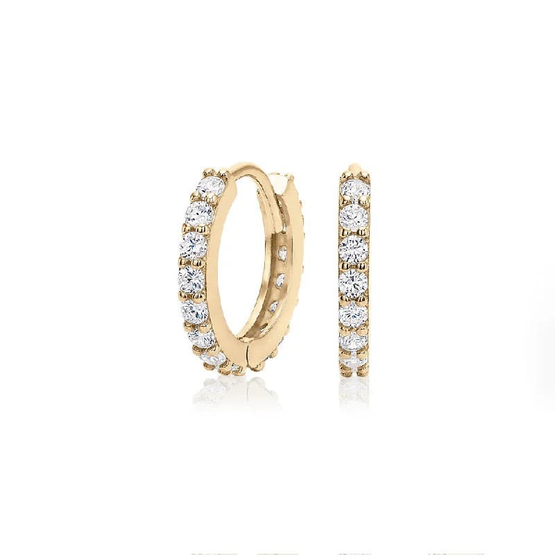 Double Hoop Earrings-Round Brilliant hoop earrings with diamond simulants in 10 carat yellow gold