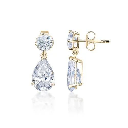 Bold Gemstone Earrings-Pear and Round Brilliant drop earrings with 4.52 carats* of diamond simulants in 10 carat yellow gold