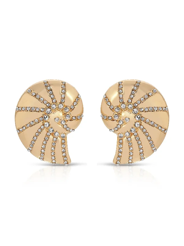 Silver Stud Earrings-Crystal Studded Nautilus Shell Earrings