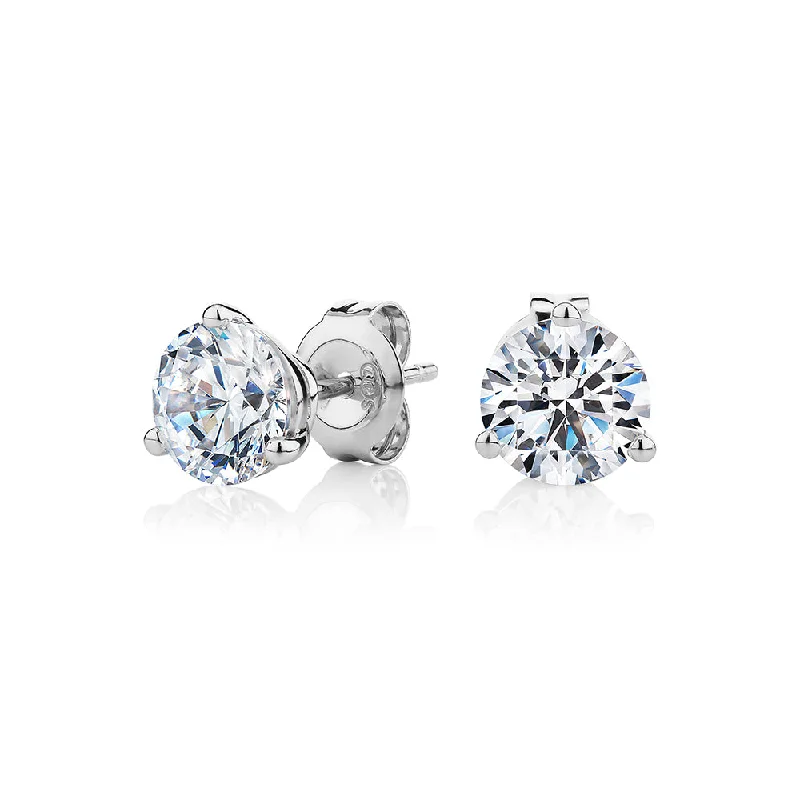 Handmade Silver Earrings-Round Brilliant stud earrings with 2.06 carats* of diamond simulants in 10 carat white gold