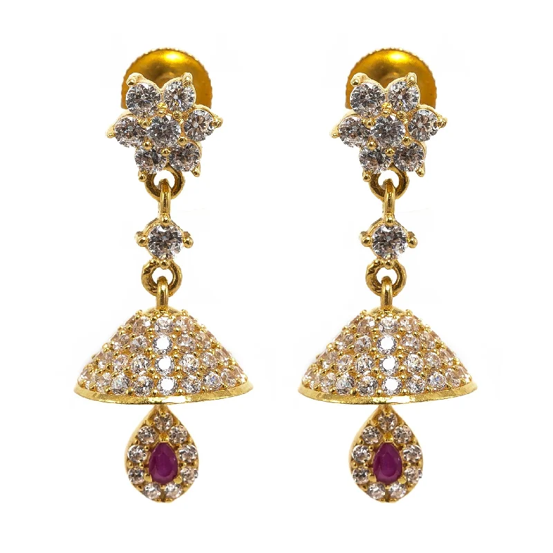 Vintage Gemstone Earrings-22K Yellow Gold JhumkiDrop Earrings W/ CZ Gems, Cluster Flower Studs & Crystallized Design