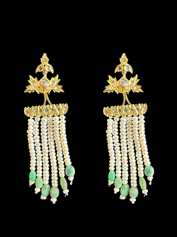 Statement Gold Earrings-DER719 Grape earrings in fresh water pearls and emerald beads ( READY TO SHIP )