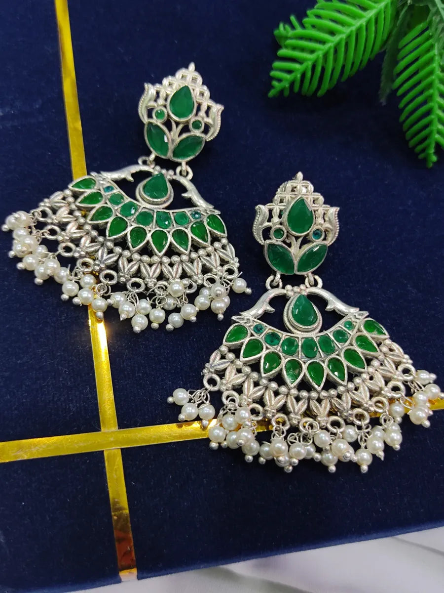 Silver Stud Earrings-High End Emerald Stoned Dangler Oxidized Earrings