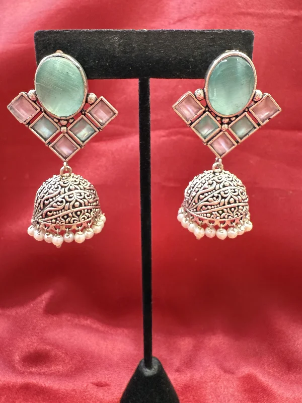 Silver Earrings with Diamonds-Alluring Sky Blue And Light Pink Stone Jhumka  Designer Oxidized Earrings For Women