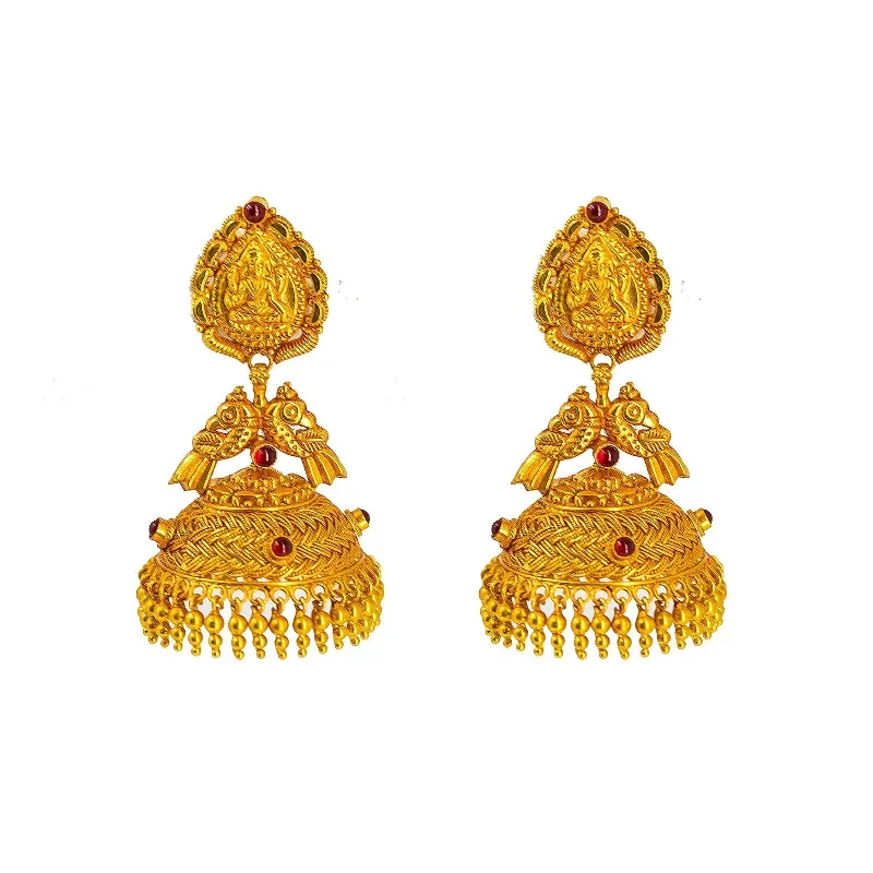 Luxury Diamond Earrings-22K Yellow Gold Jhumki Drop Earrings W/ Precious Rubies on Basket Weave Design & Double Peacock Accents