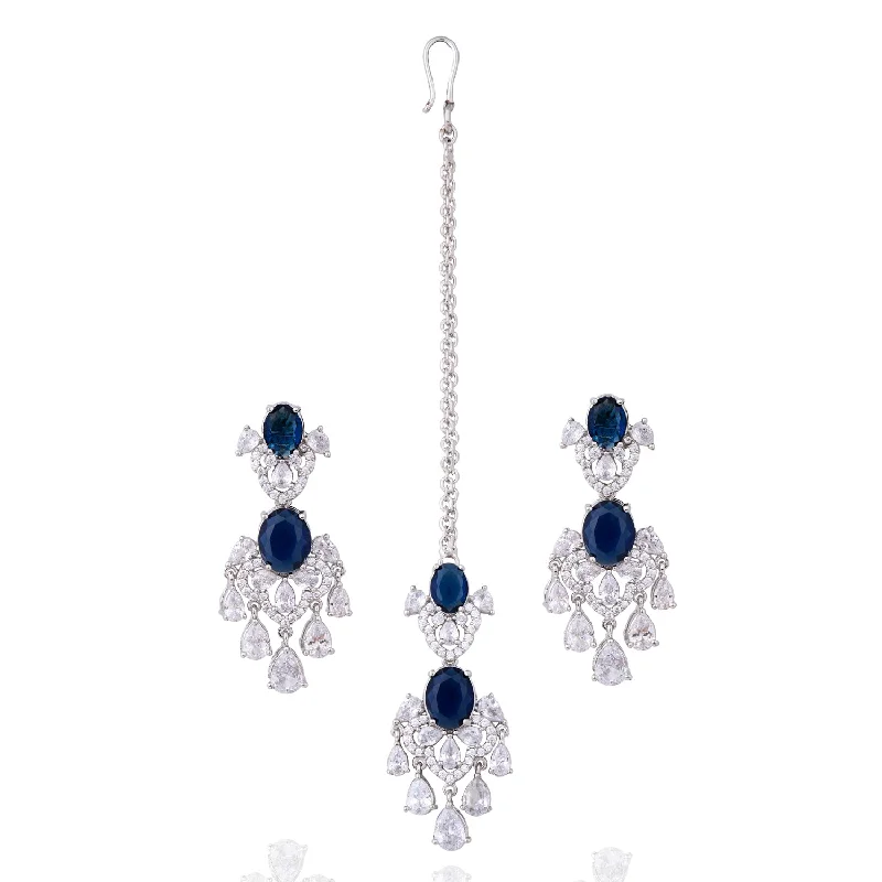 White Gold Earrings-Reeta Earrings & Teekah Set - Sapphire