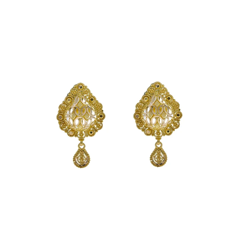 Adjustable Silver Earrings-22K Yellow Gold Pendant & Earrings Set W/ Hollow Tear Drop Frame