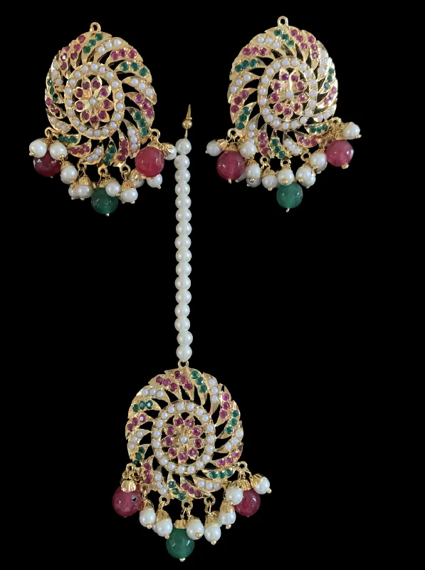 Unique Dangle Earrings-DJET18 Raabya punjabi Jadau earrings tika(Ruby emerald ) ( SHIPS IN 4 WEEKS )