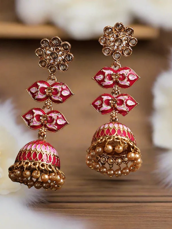 Elegant Gemstone Earrings-Gold Plated Floral Shaped Dome Pink & White Minakari Drop Earrings