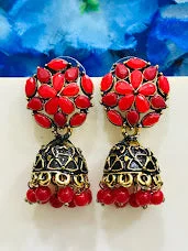 Black Gemstone Earrings-Gorgeous Antique Gold Red Color With Beads Earrings For Women