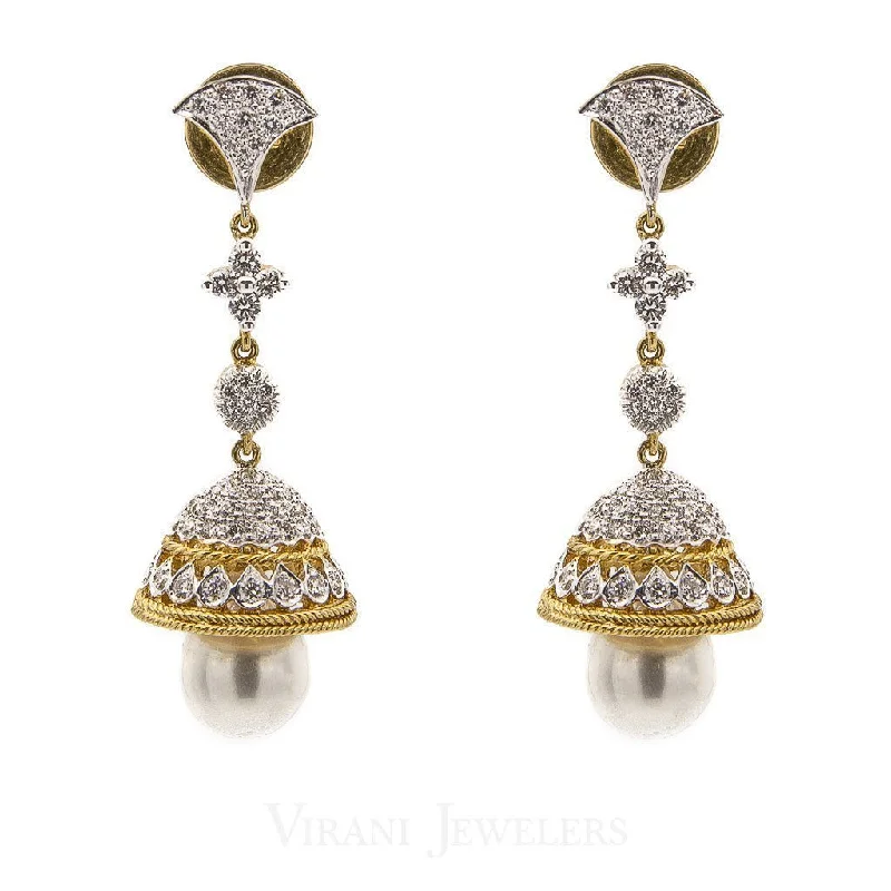 Clear Crystal Earrings-2.24CT Diamond Jhumki Drop Earrings Set In 18K Yellow Gold W/ Pearl Drops & Screw Back Post Closure