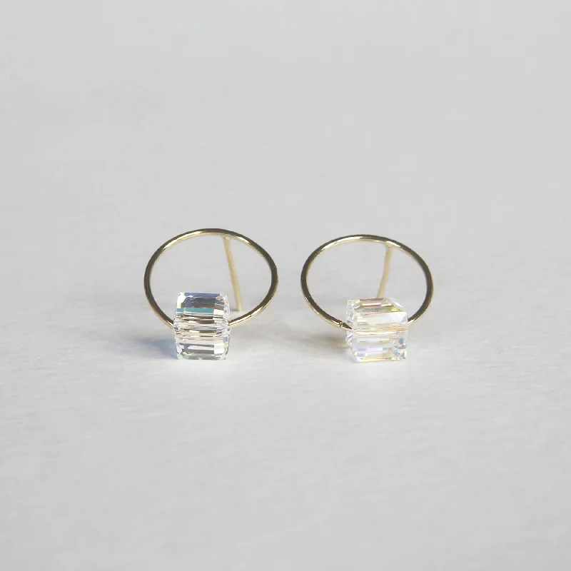 Minimalist Hoop Earrings-Cube Crystal Circle Studs