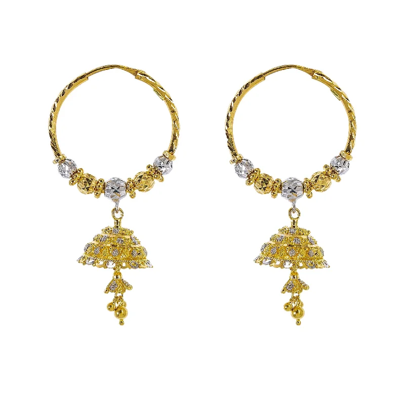 Colorful Drop Earrings-22K Multi Tone Gold Hoop Earrings W/ Jhumki Drop & Hammered Accents