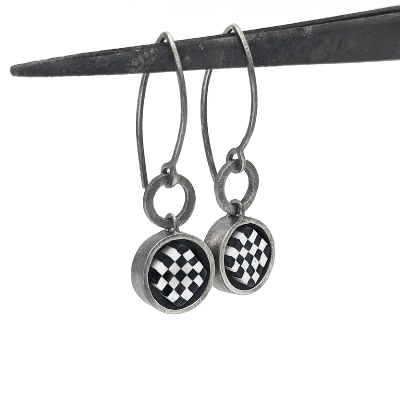 Elegant Wedding Earrings-Checkerboard Earrings in Sterling Silver and Polymer