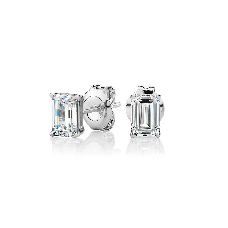 Eco-Friendly Hoop Earrings-Emerald Cut stud earrings with 1 carat* of diamond simulants in 10 carat white gold