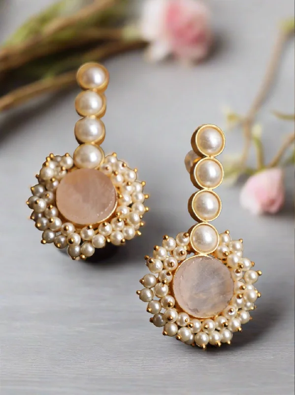 Simple Gemstone Earrings-Gold- Plated Circular Shaped Pearl Beaded Contemporary Drop Earrings