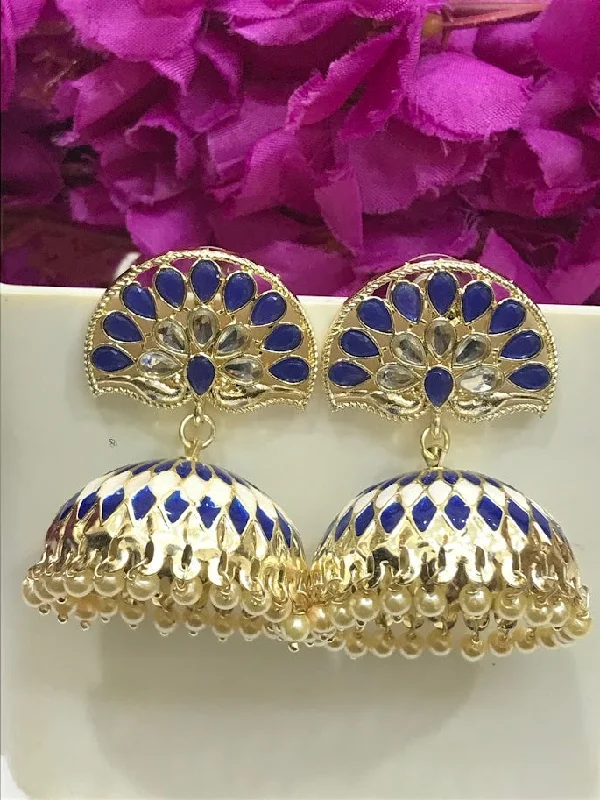 Sterling Silver Earrings-Appealing Blue Colored Gold Plated Jhumka Earrings For Women