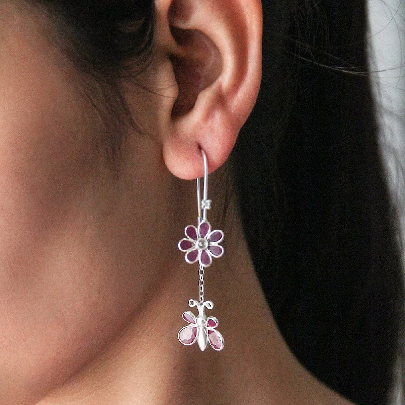 Silver Pearl Earrings-Silver Flower Butterfly Sui Dhaga