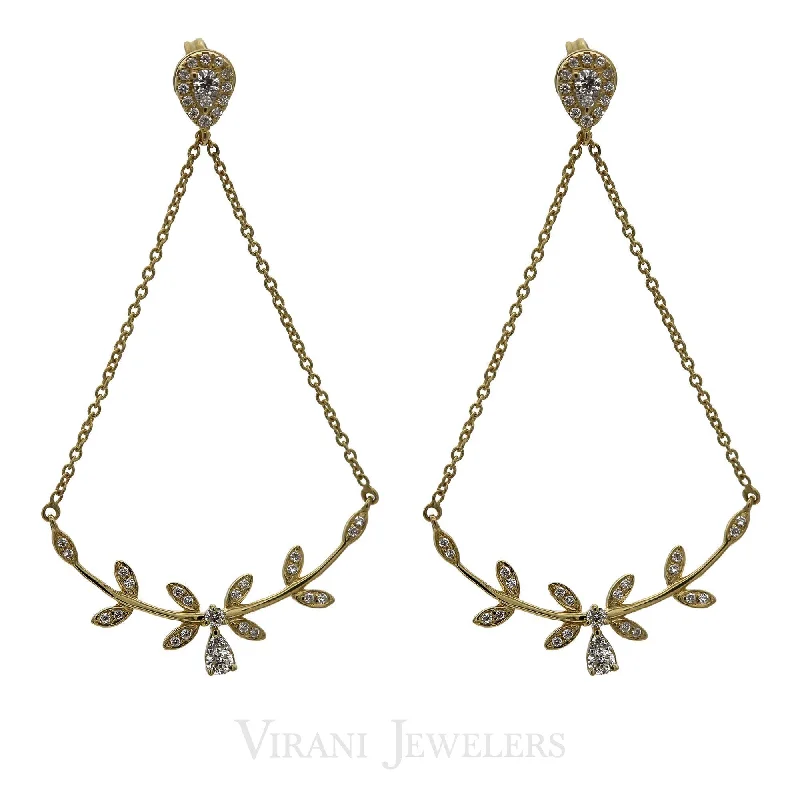 Long Silver Earrings-Minimalist 0.3 CT Diamond Drop Earrings Set in 18K Yellow Gold W/ Leaf Shaped Accents