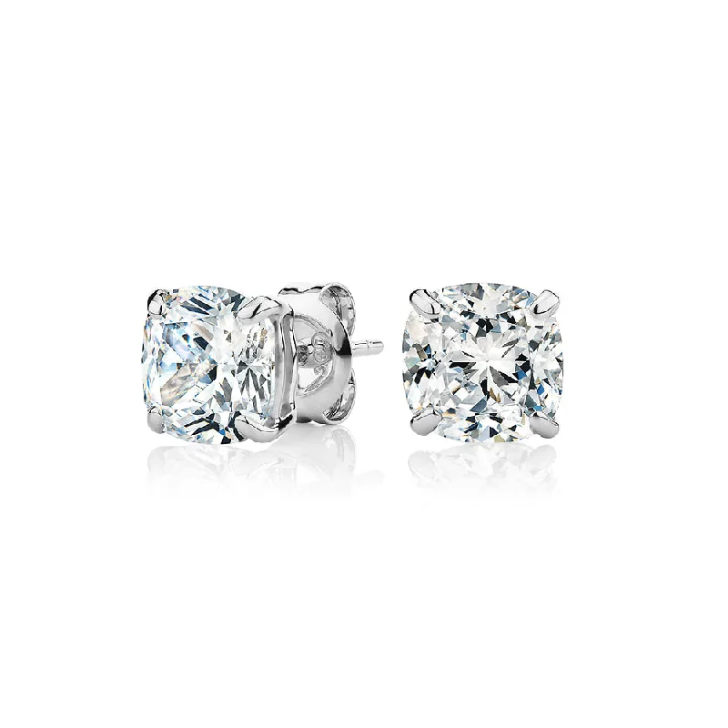 Bohemian Style Earrings-Cushion stud earrings with 3 carats* of diamond simulants in 10 carat white gold