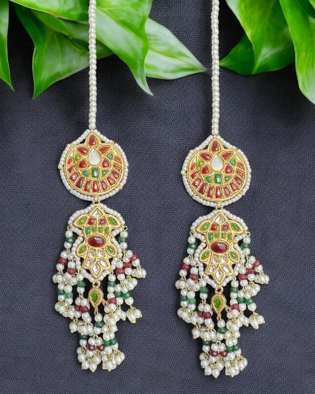 Golden Pearl Earrings-DER733 Maya  kundan dangler earrings with ruby emerald combination( READY TO SHIP )