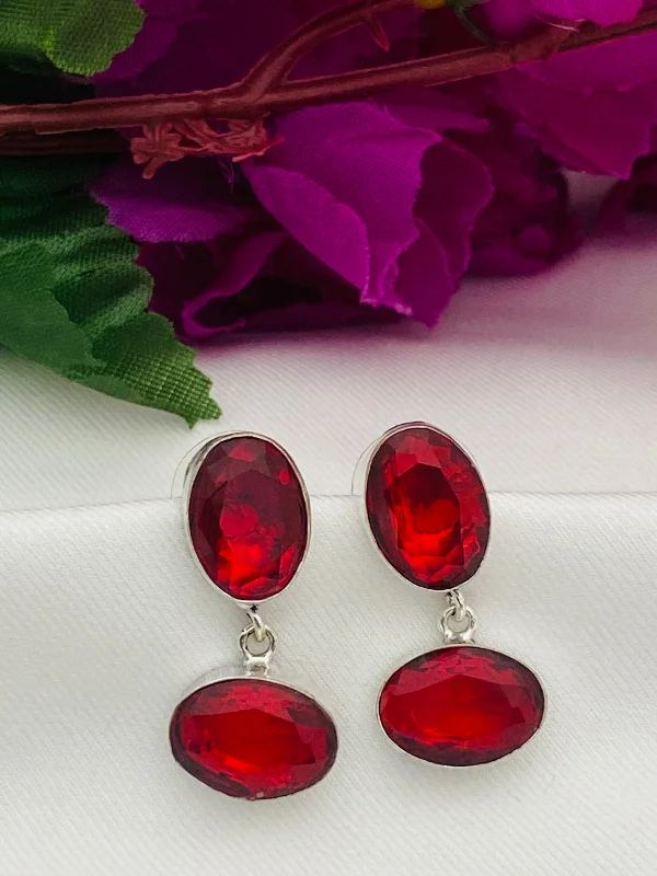 Silver Chain Drop Earrings-Gorgeous Red Stone Beaded German Silver Plated Oxidized Stud Earrings