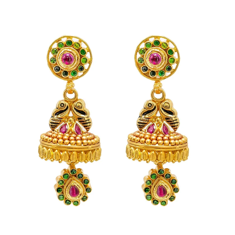 Large Bead Earrings-22K Yellow Gold Jumkhi Drop Earrings W/ Rubies, Emeralds & Hand Painted Details