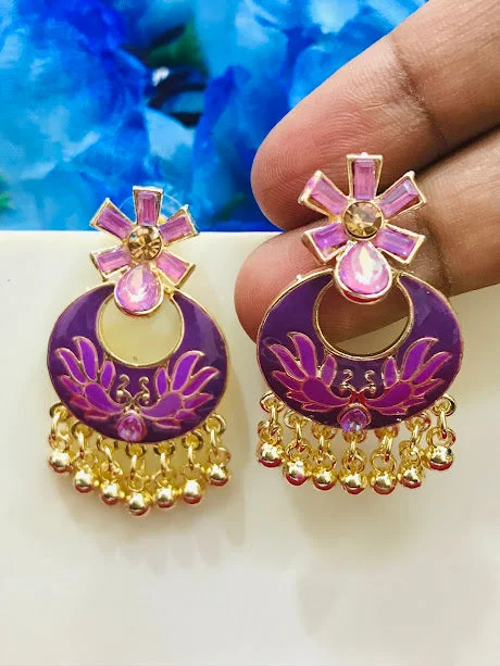 Big Gold Earrings-Beautiful Antique Gold Purple Color Enameled Earrings