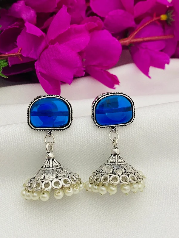 Chunky Gold Earrings-Beautiful Blue Small Jhumka Earrings For Women