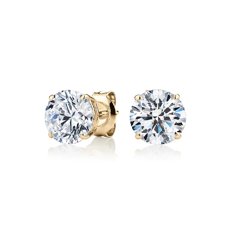 Gold Stud Earrings-Round Brilliant stud earrings with 3 carats* of diamond simulants in 10 carat yellow gold