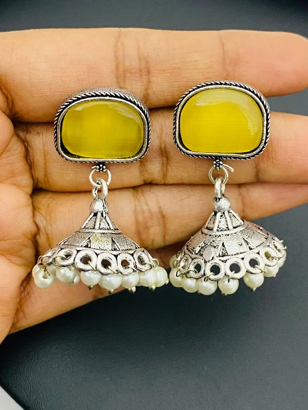 Elegant Drop Earrings-Amazing Yellow Color Oxidized Designed Small Jhumkas Earrings For Women