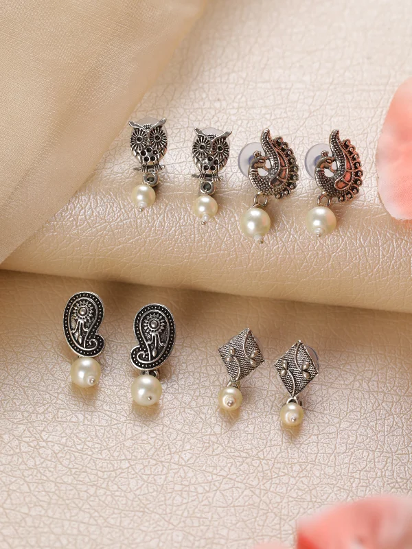 Silver Earrings with Pearls-Silver-Toned Set Of 4 Oxidized Studded Earrings