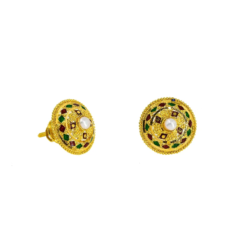 Light Blue Earrings-22K Yellow Gold Stud Earrings W/ Pearl & Diamond Shaped Hand Painted Details