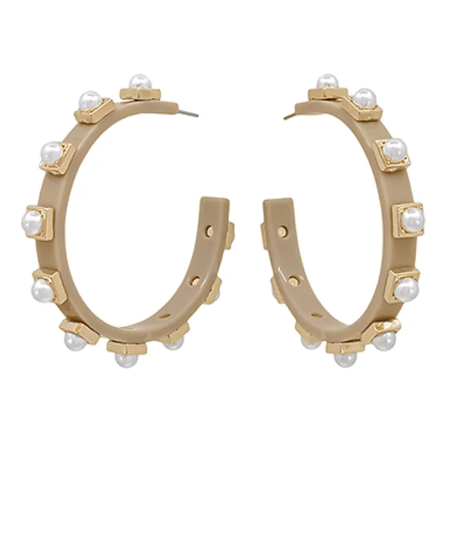 Luxury Diamond Earrings-Tan Pearl Studded Hoop Earrings