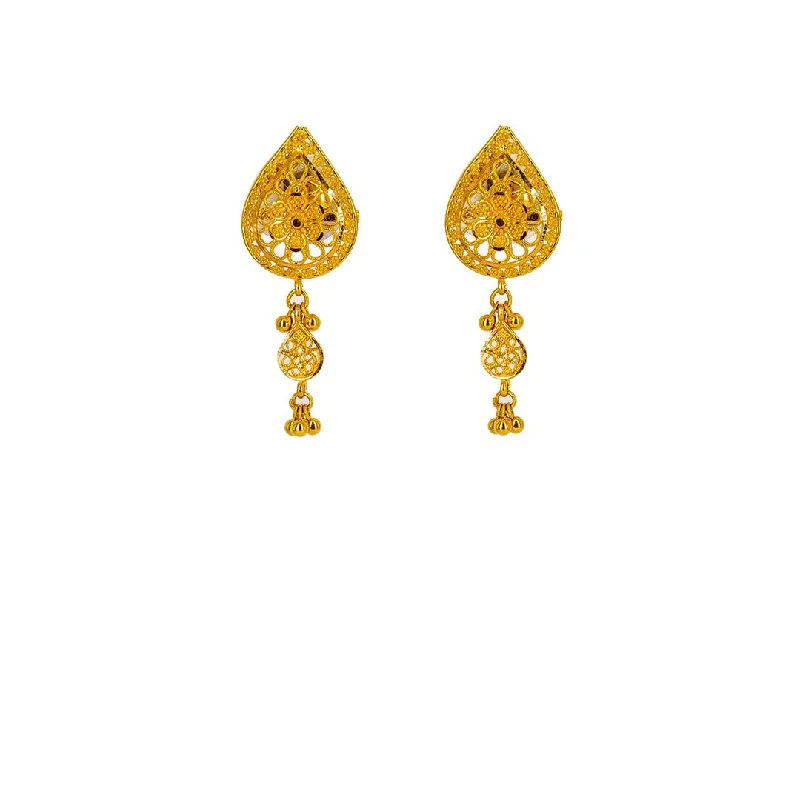 Diamond Stud Earrings-22K Yellow Gold Earrings W/ Double Teardrop Pendants & Floral Filigree Designs