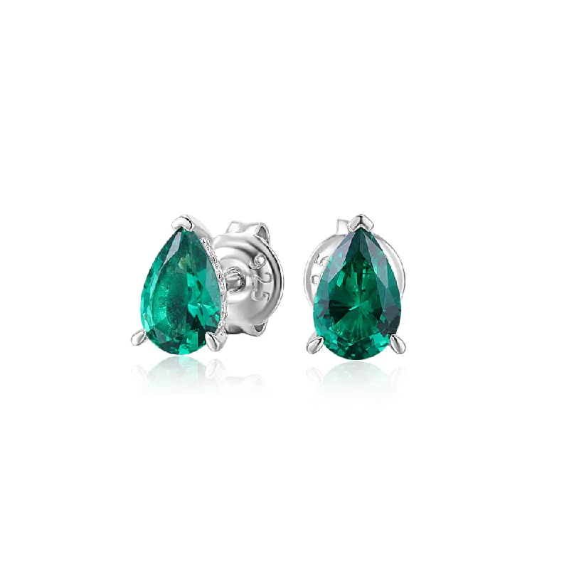 Premium Silver Earrings-Pear stud earrings with emerald simulants in sterling silver