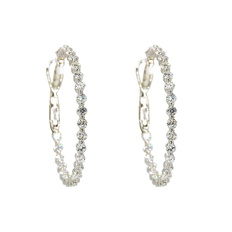 Beautiful Stud Earrings-14K White Gold Diamond Hoops W/ 3.2ct Diamonds & Shared Prong Setting