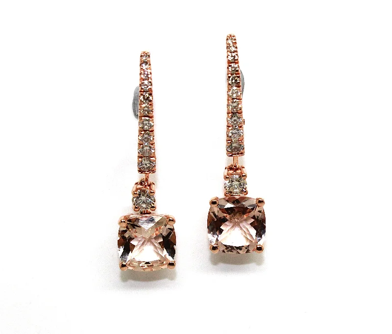 Bridal Pearl Earrings-Morganite and Diamond Cushion Drop Earrings Ad No. 3046