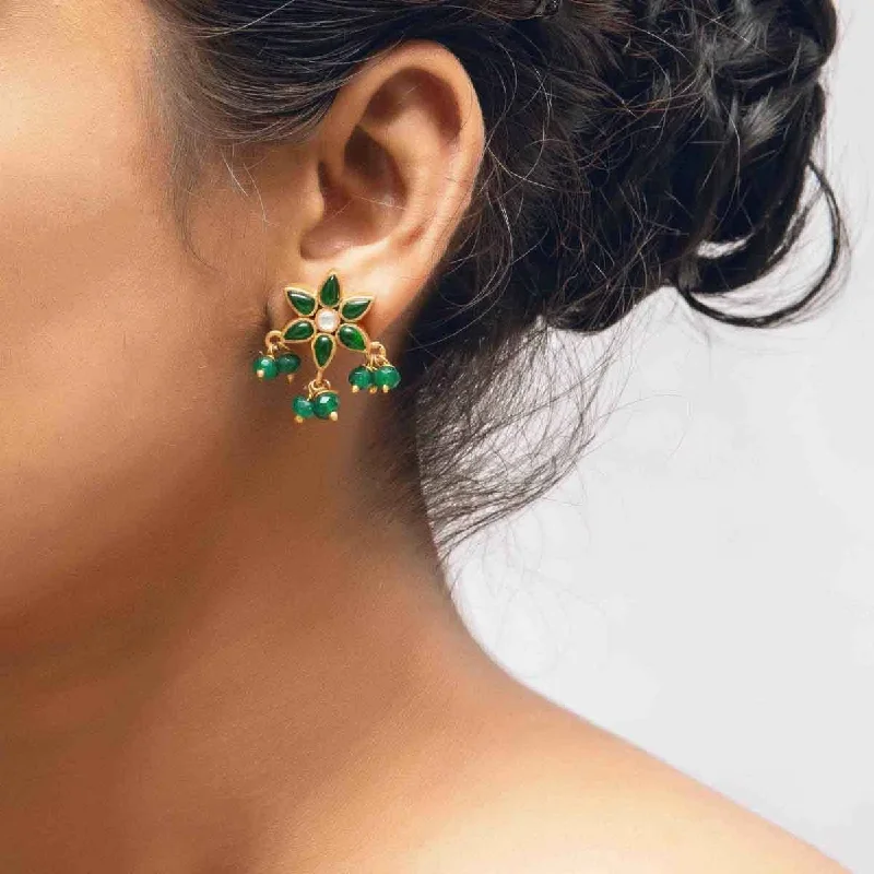 Fashionable Ear Cuffs-Silver Gold Plated Green Flower Earrings