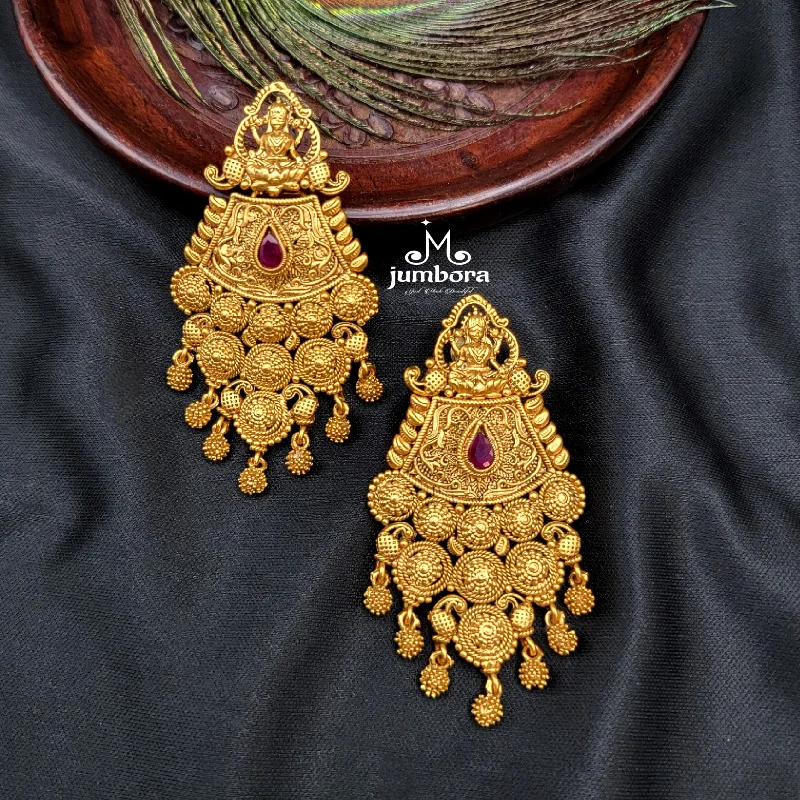 Handmade Gold Earrings-Gold Look Alike Long Lakshmi Earrings in Temple Jewelry