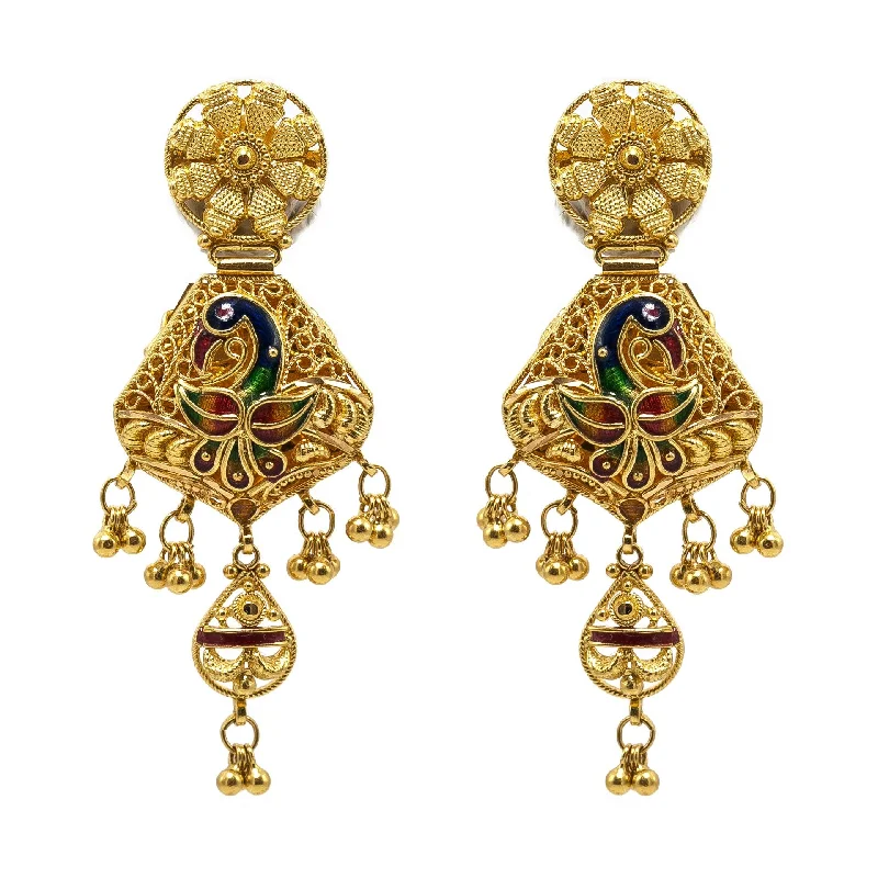 Fashion Hoop Earrings-22K Yellow Gold Drop Earrings W/ Ruby, Sapphire Gems, Meenakari Peacock & Flower Pendants